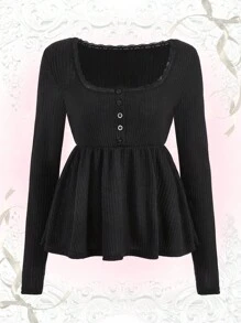 ROMWE Kawaii Contrast Lace Button Front Peplum Tee - Black - View 1