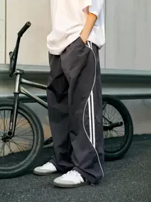 INFLATION Pantalones anchos con cordón en la cintura y ribete de contraste para hombres, para otoño