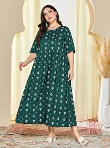 Mulvari Plus Allover Print Smock Dress - Dark Green - View 5