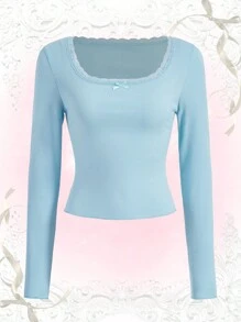 ROMWE 纯色对比蕾丝蝴蝶结装饰罗纹 T 恤，学校 - 淺藍色 - 查看 1