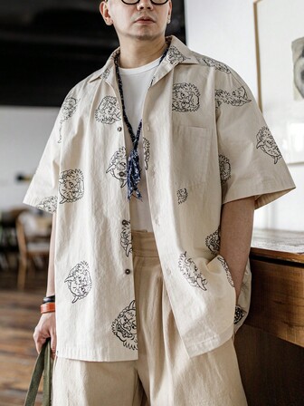 男士卡通圖案落肩袖襯衫