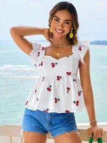 SHEIN VCAY Cherry Print Ruffle Trim Peplum Blouse - White - View 4