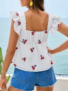 SHEIN VCAY Cherry Print Ruffle Trim Peplum Blouse - White - View 6
