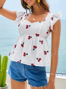 SHEIN VCAY Cherry Print Ruffle Trim Peplum Blouse - White - View 2