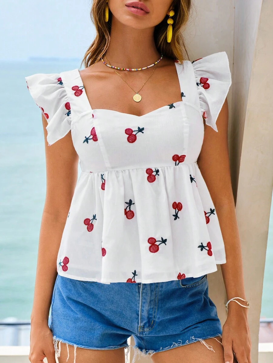 SHEIN VCAY Cherry Print Ruffle Trim Peplum Blouse - White - View 1