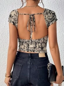 SHEIN Privé 滿版印花蝙蝠袖T恤 - 卡其色 - 查看 1