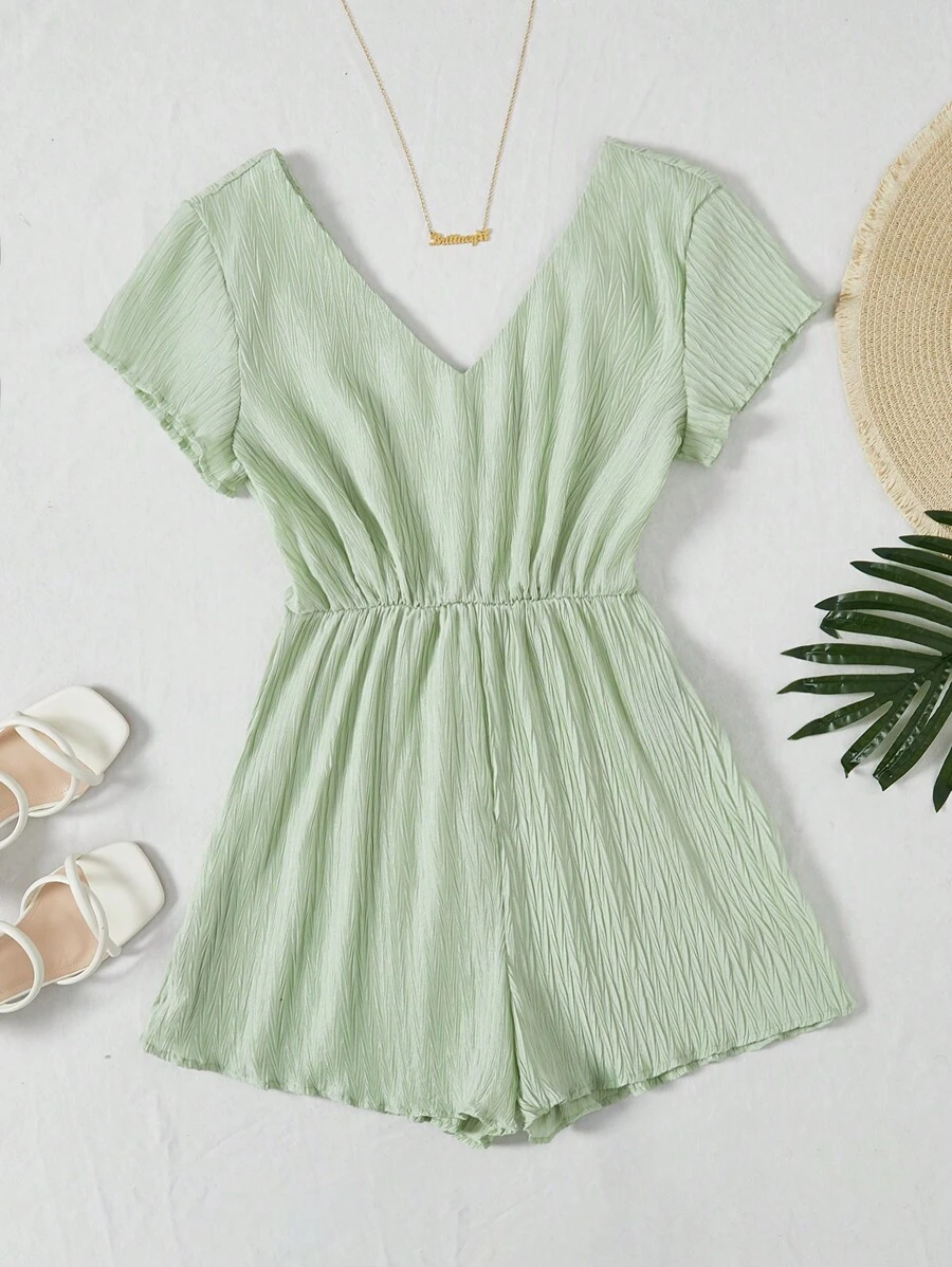 SHEIN VCAY Áo liền quần nữ Xù nhỏ màu trơn Giải trí - Màu xanh Bạc hà - Xem 1