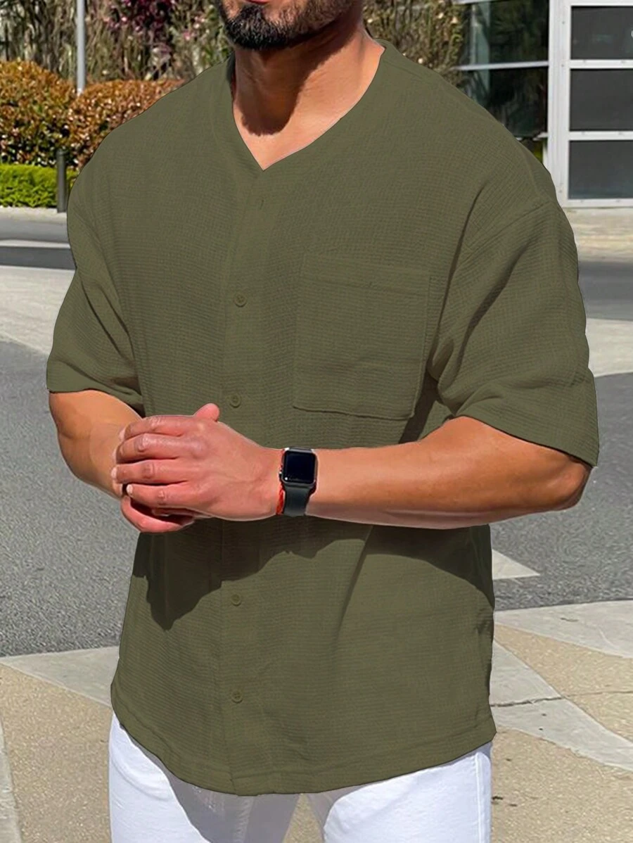 男士素色口袋貼布前排扣襯衫 - 軍綠色 - 查看 1