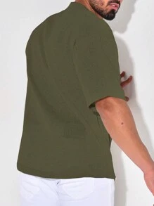 男士素色口袋貼布前排扣襯衫 - 軍綠色 - 查看 2