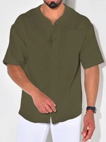 男士素色口袋貼布前排扣襯衫 - 軍綠色 - 查看 4