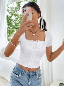 SHEIN MOD Áo thun nữ Tương phản ren Xù nhỏ Nút phía trước màu trơn Giải trí - trắng - Xem 4