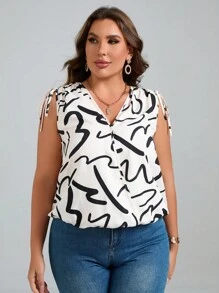 SHEIN Clasi 大碼滿版印花肩部打結襯衫 - 黑與白 - 查看 1