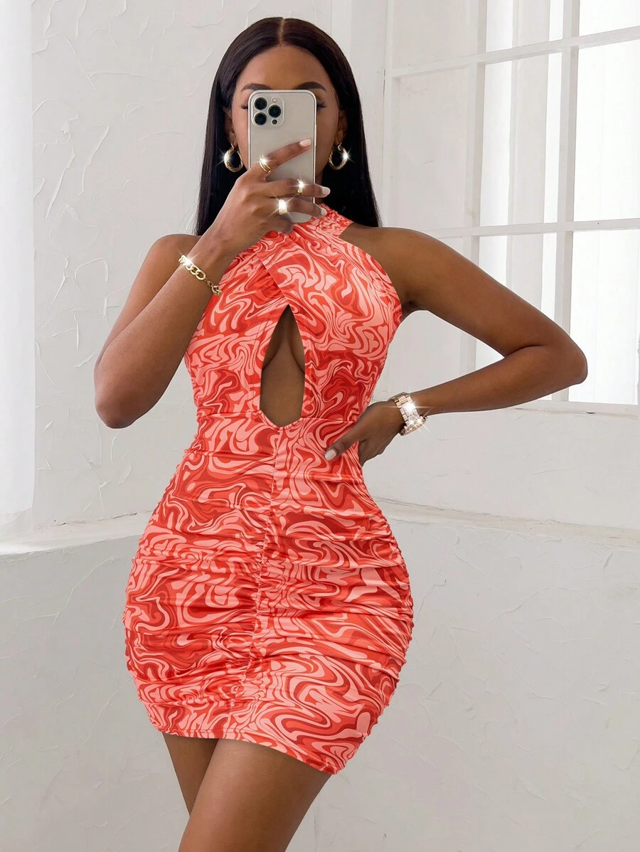 SHEIN Slayr 大理石圖案前鏤空緊身連衣裙 - 橘色 - 查看 1