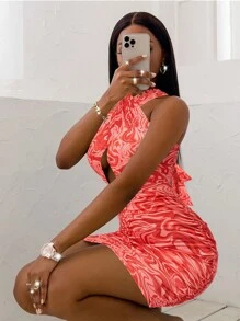 SHEIN Slayr 大理石圖案前鏤空緊身連衣裙 - 橘色 - 查看 4