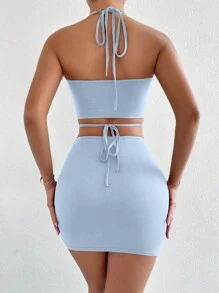 SHEIN Unity 雙色十字交叉後背繫帶掛脖上衣&包臀半身裙 - 藍白色 - 查看 2