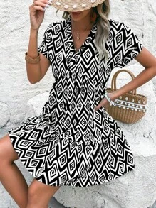 SHEIN VCAY Geo Print Batwing Sleeve Ruffle Hem Dress - Black and White - View 3
