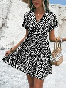 SHEIN VCAY Geo Print Batwing Sleeve Ruffle Hem Dress - Black and White - View 4