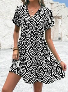 SHEIN VCAY Geo Print Batwing Sleeve Ruffle Hem Dress - Black and White - View 5