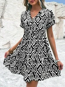 SHEIN VCAY Geo Print Batwing Sleeve Ruffle Hem Dress - Black and White - View 6