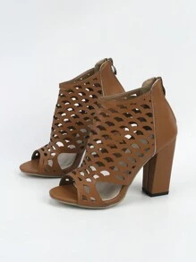 女士鏤空後拉鏈粗跟涼鞋靴,優雅駱駝踝靴 - 駝色 - 查看 3