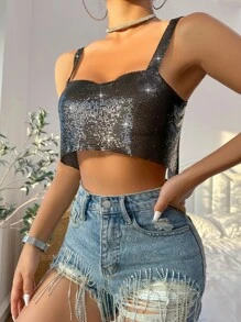 SHEIN Unity Metallic Crop Cami Top - Black - View 3