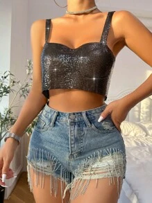 SHEIN Unity Metallic Crop Cami Top - Black - View 4