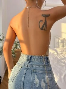 Zolique Top halter escote drapeado con diseño de cadena - Dorado - Ver 2