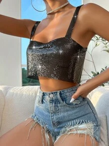 SHEIN Unity Metallic Crop Cami Top - Black - View 5