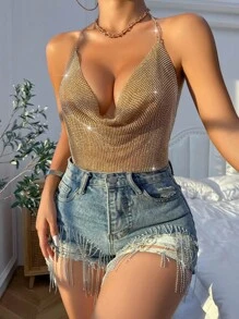 Zolique Top halter escote drapeado con diseño de cadena - Dorado - Ver 4