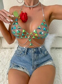 SHEIN Swim Geo Pattern Chain Detail Backless Halter Cover Up,Summer Beach