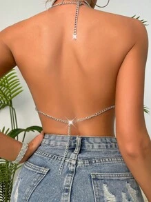 SHEIN Swim Geo Pattern Chain Detail Backless Halter Cover Up,Summer Beach