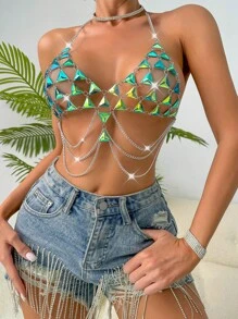 SHEIN Swim Geo Pattern Chain Detail Backless Halter Cover Up,Summer Beach