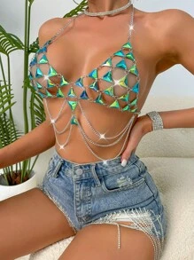 SHEIN Swim Geo Pattern Chain Detail Backless Halter Cover Up,Summer Beach