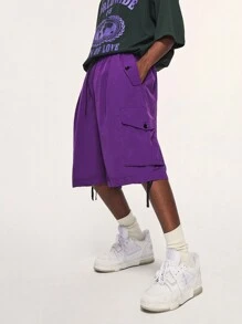 Men Flap Pocket Side Drawstring Waist Shorts - Purple - View 1