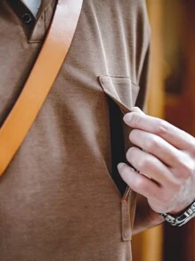 Áo thun có cổ Nam Túi màu trơn Giải trí - Cà phê nâu - Xem 4