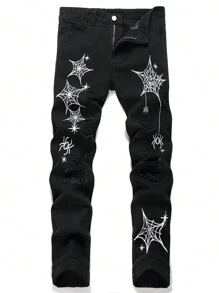 Men  Spider Web Print Ripped Jeans, For Halloween - Black - View 1