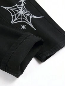 Men  Spider Web Print Ripped Jeans, For Halloween - Black - View 3
