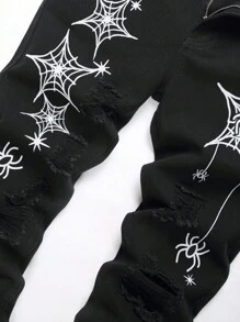 Men  Spider Web Print Ripped Jeans, For Halloween - Black - View 4