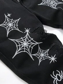 Men  Spider Web Print Ripped Jeans, For Halloween - Black - View 5