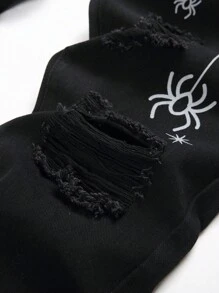 Men  Spider Web Print Ripped Jeans, For Halloween - Black - View 6