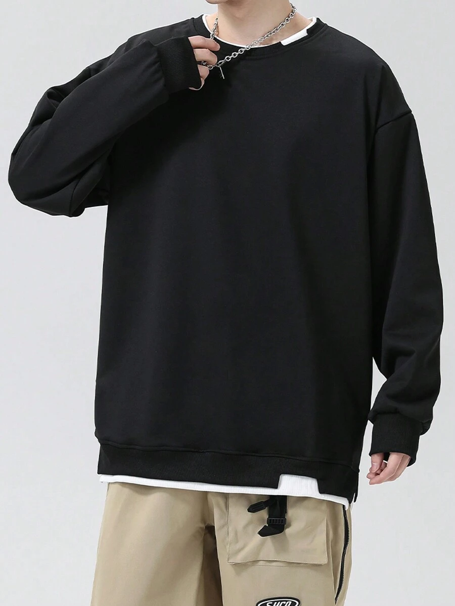 Men Drop Shoulder 2 In 1 Sweatshirt - Black - View 1