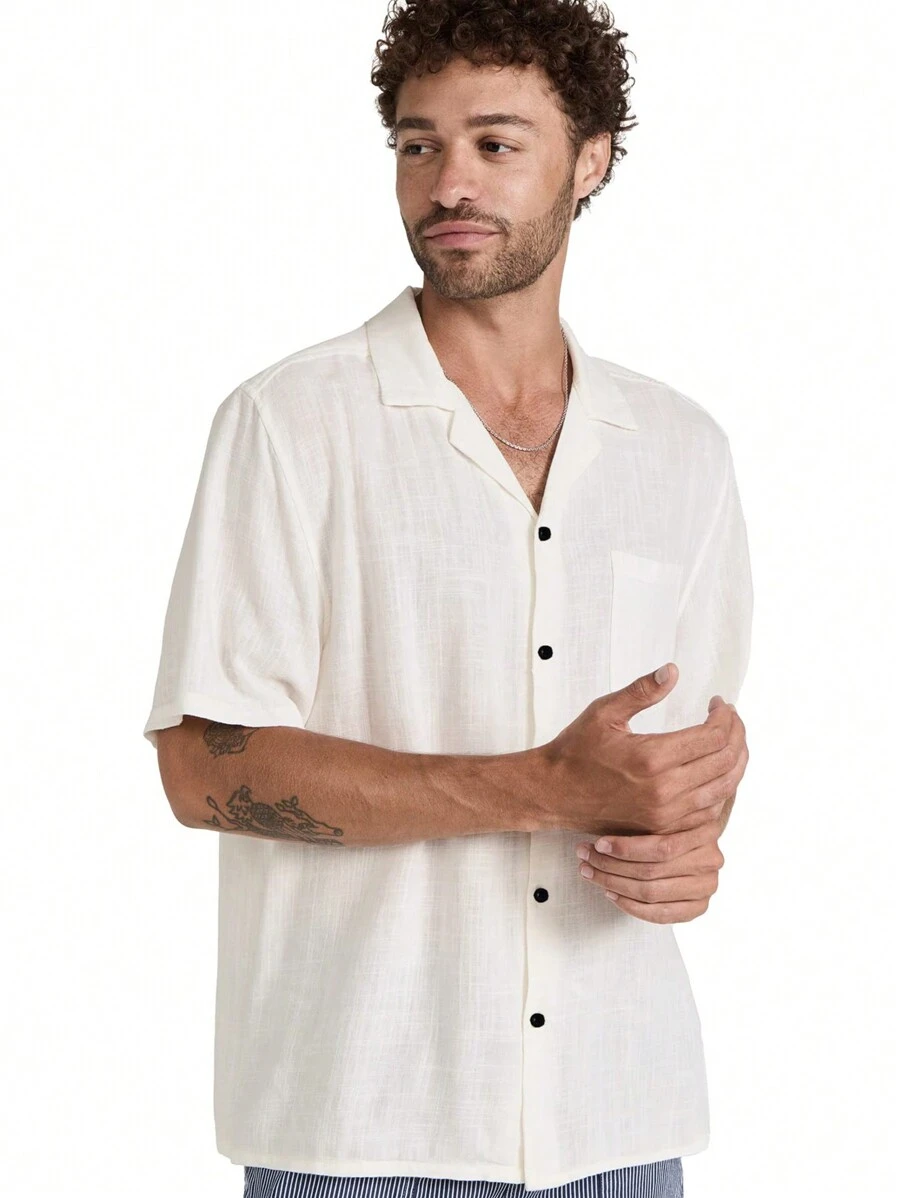 NITAGUT Hombres Camisa unicolor de cuello con solapa con botón delantero - Blanco - Ver 1