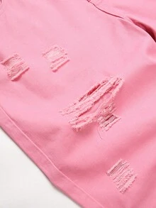 Men Ripped Frayed Denim Shorts - Pink - View 6