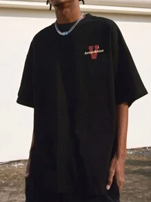 男士字母人物圖案落肩T恤 - 黑色 - 查看 4