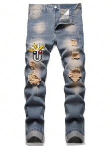 Men Patched Ripped Jeans - Medium Wash - View 1