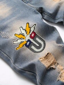 Men Patched Ripped Jeans - Medium Wash - View 5