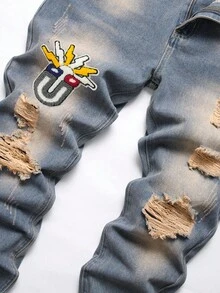Men Patched Ripped Jeans - Medium Wash - View 8