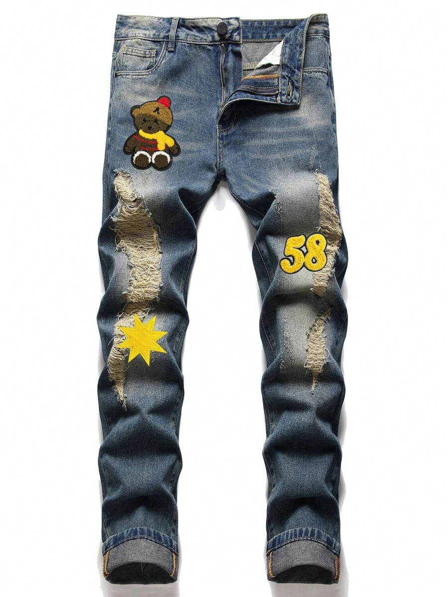 Quần Jeans Nam Bị tách Đắp vá Hoạt hình Lá thư - Rửa trung bình - Xem 1