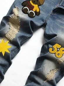 Quần Jeans Nam Bị tách Đắp vá Hoạt hình Lá thư - Rửa trung bình - Xem 5