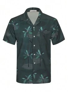 NITAGUT Men Tropical Print Button Up Shirt - Dark Green - View 1